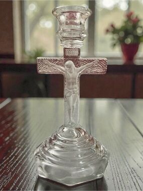 Glass Crucifix Candle Holder - Clear Crystal Finish
